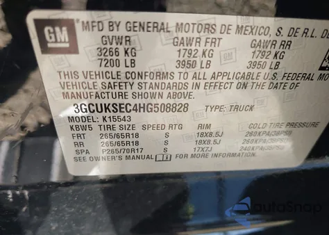 2017 Chevrolet Silverado 1500 2Lz from USA, damaged, VIN 3GCUKSEC4HG508828